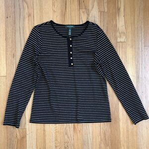 Lauren By Ralph Lauren Women's L Half Button Down Shirt Black Gold Striped